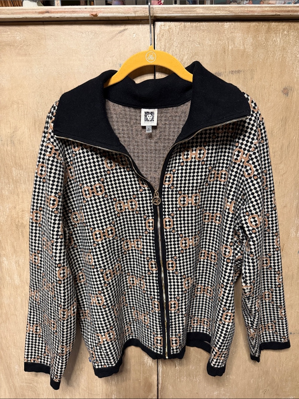 Anne Klein Black & Cream Patterned Zip-Front Bomber Jacket